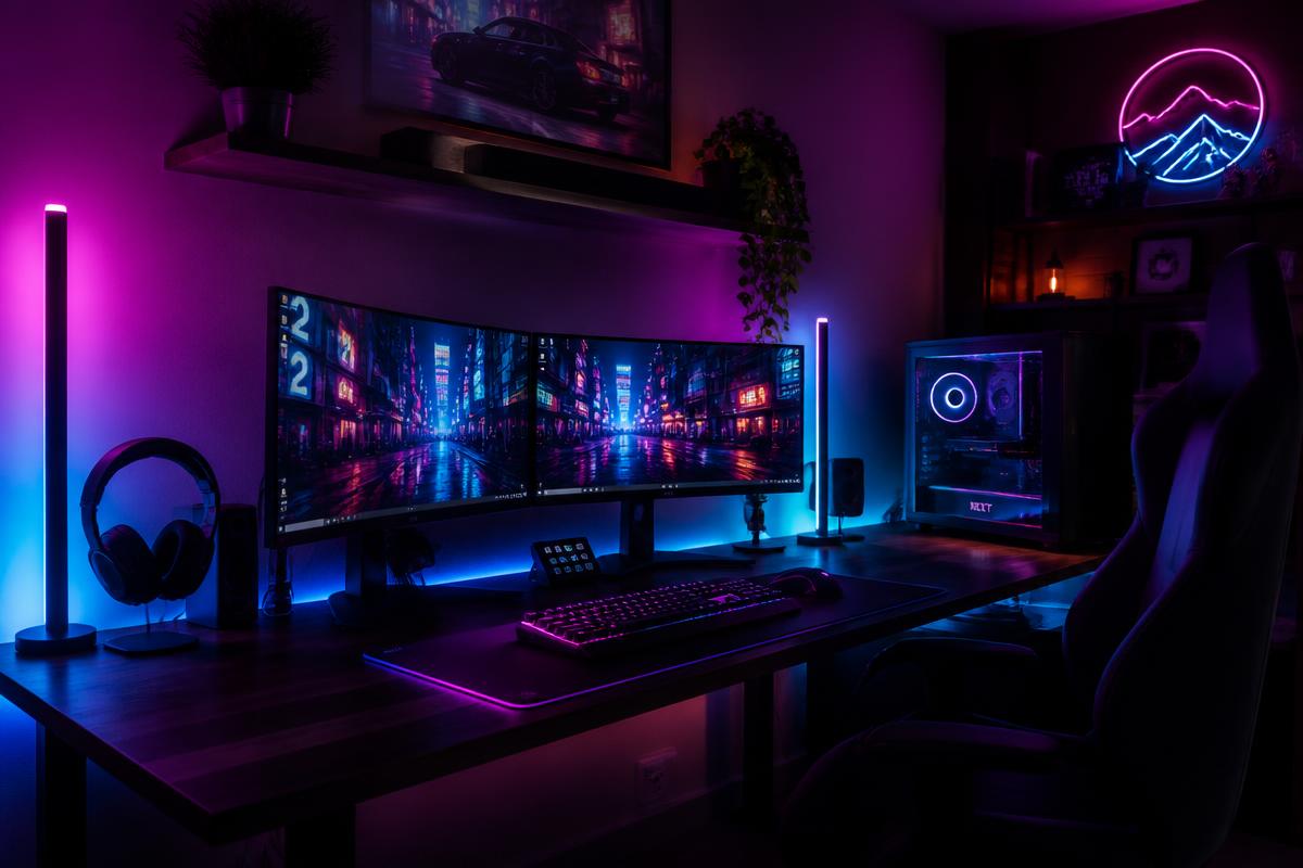 LED lights around a gaming desk